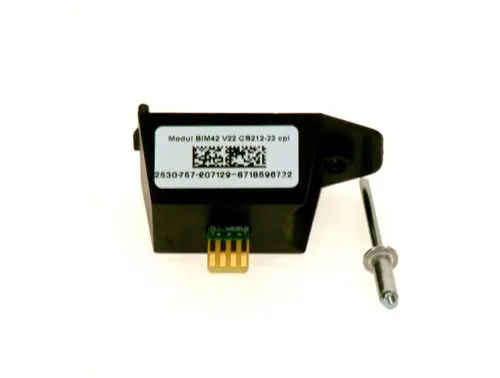 Schwarzes elektronisches Gerät von Bosch mit Anschluss, auf der Vorderseite ein Etikett mit Modellnummer und Barcode. Neben dem Modul liegt eine metallische Schraube.